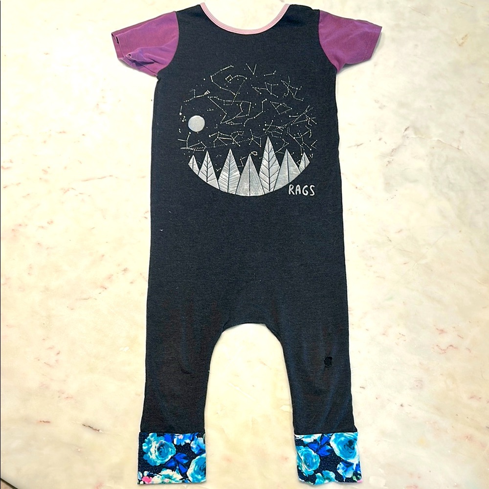 RAGS Black and Purple Graphic Pull-on Romper with Floral Trim Size 3/4T